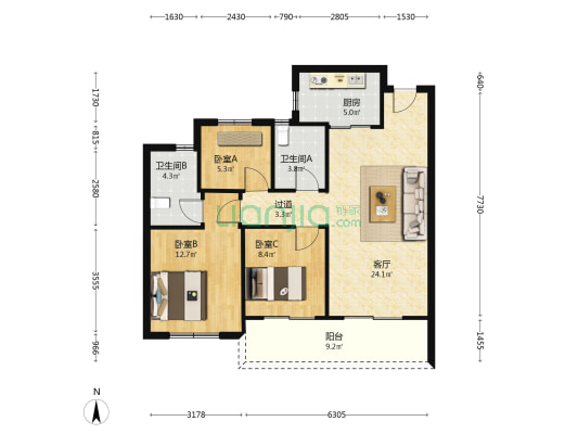 临望宸府 3室1厅2卫 98平方