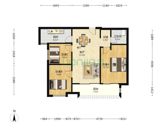 万科四季都会 3室1厅1卫 95平方