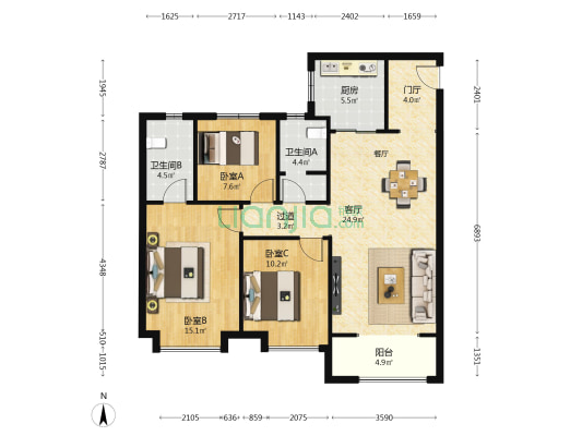 西咸城投新华阙 3室1厅2卫 115平方