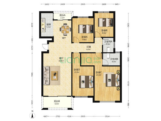 绿地香湖湾6号院 4室1厅2卫 137平方