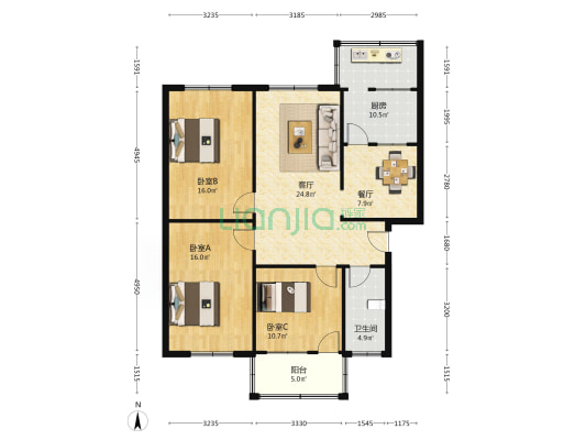华祥巷 3室2厅1卫 108平方