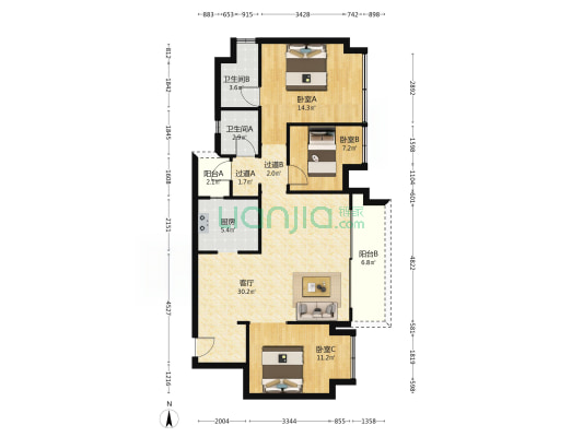 中央公园悦府观星 3室1厅2卫 95平方