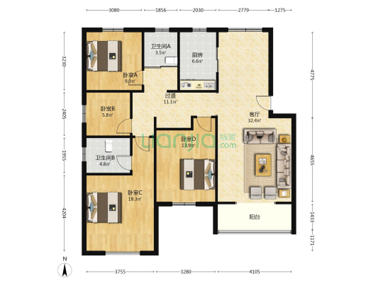 盛景园 4室1厅2卫 128平方