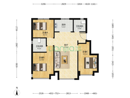 中国铁建·花语尚东 3室1厅2卫 98平方