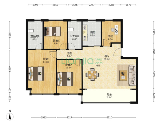 中海·阅泓山晓 4室1厅2卫 128平方