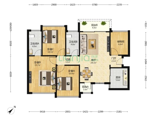 天悦壹号雅轩 3室1厅2卫 115平方