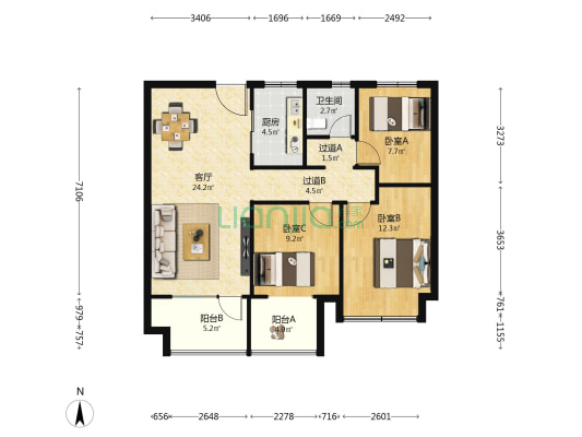 旭辉银盛泰正阳府二期 3室1厅1卫 104平方
