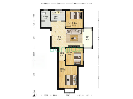 隆盛水木清华 3室1厅1卫 91平方