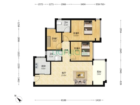 荷棠里 3室1厅2卫 89平方