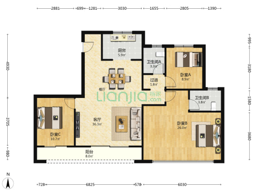 保利·天汇 3室1厅2卫 143平方