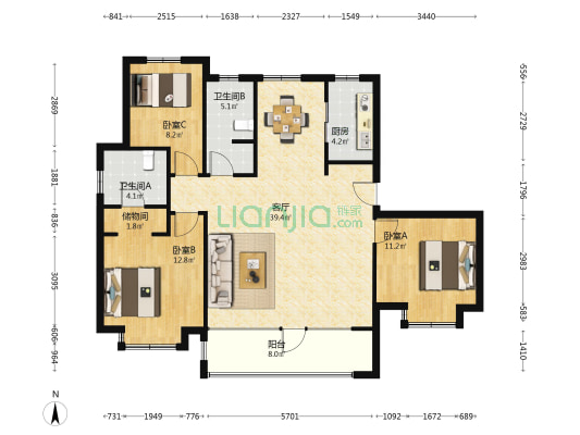 融合嘉园 3室1厅2卫 130平方