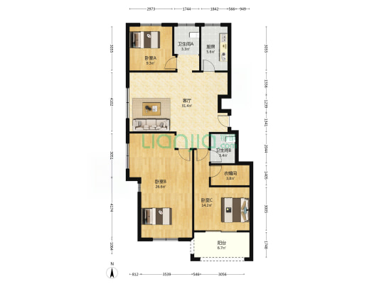 鑫海文园 3室1厅2卫 131平方