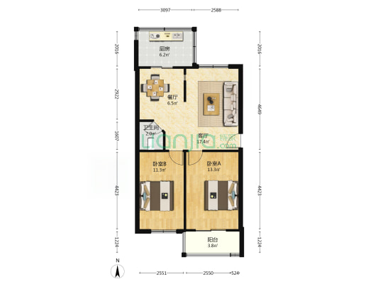 西安市第八十五中家属院南区 2室2厅1卫 69平方