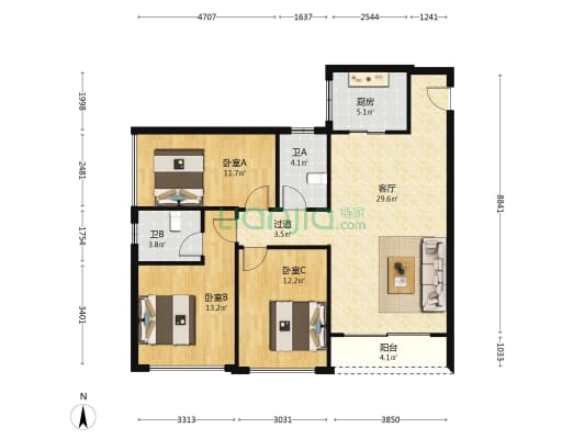 蓝郡公馆 3室1厅2卫 124平方