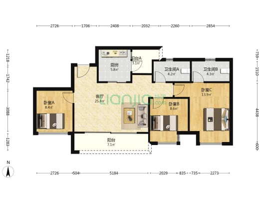 山语桃源一期 3室1厅2卫 92平方