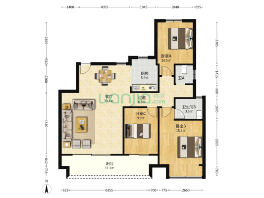 鑫汇公馆 3室1厅2卫 128平方