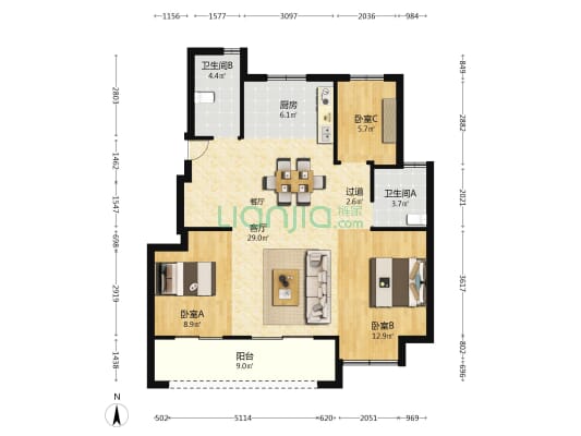 湛蓝晓月 3室1厅2卫 99平方