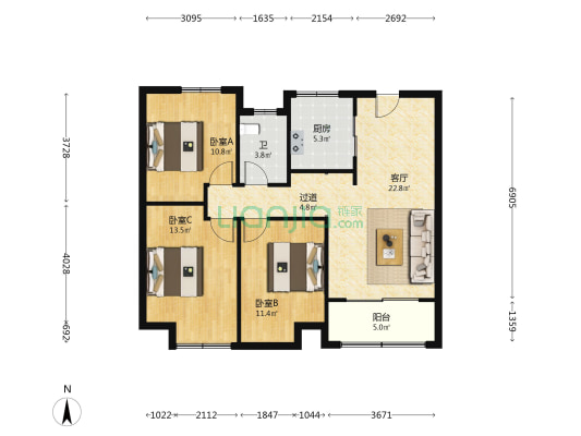 橄榄岛花苑 3室1厅1卫 98平方