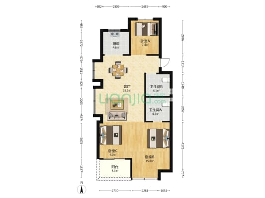 昇园 3室1厅2卫 96平方