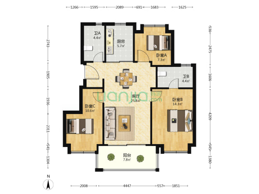 中锐·星悦江南 3室1厅2卫 97平方