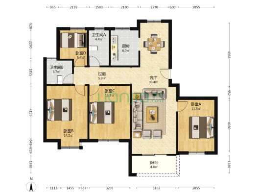广贤名苑 4室1厅2卫 137平方