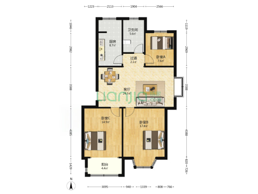 港城华府 3室1厅1卫 108平方