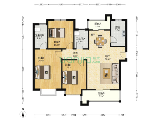 铭城东区 3室1厅2卫 127平方
