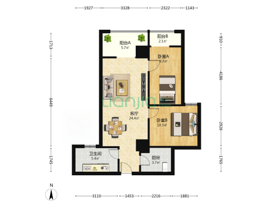 翰骊国际 2室1厅1卫 85平方