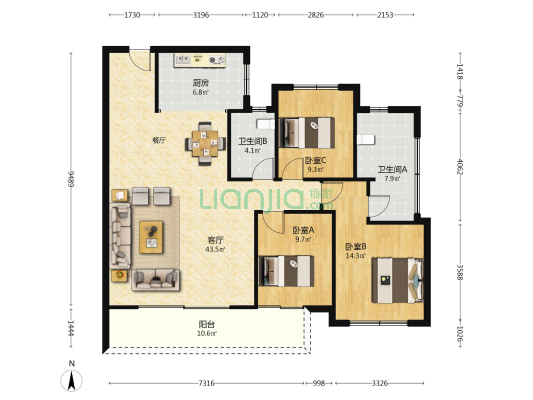 中海·天谷时代 3室1厅2卫 133平方