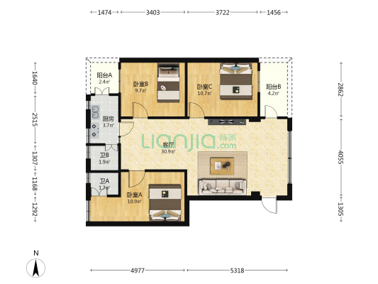 星河花园小区 3室1厅2卫 78平方
