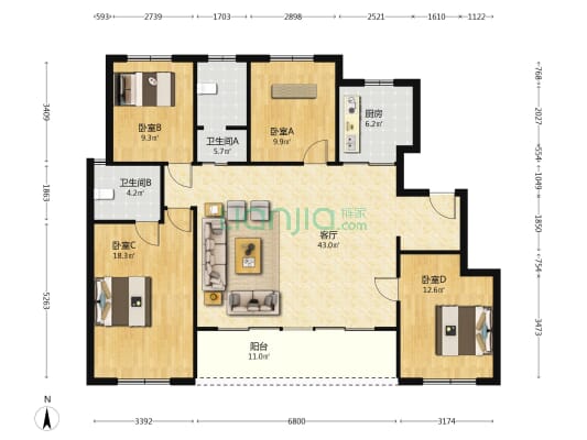 圣奥晓风望月府 4室1厅2卫 139平方