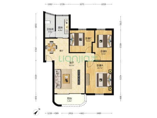 百合苑 3室1厅1卫 89平方