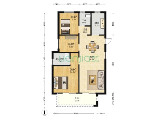 学锦家苑 3室1厅2卫 104平方