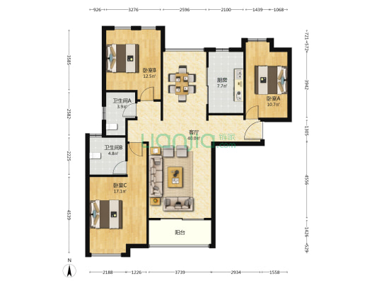 立新印象嘉园 3室1厅2卫 125平方