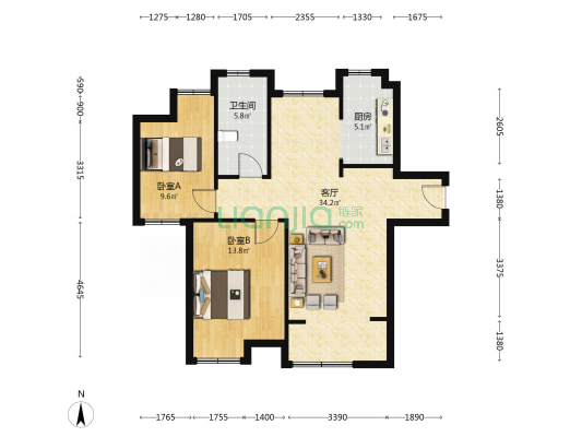 九盛里璟园 2室1厅1卫 102平方