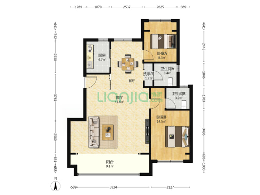 映溪四季花园 2室1厅3卫 101平方