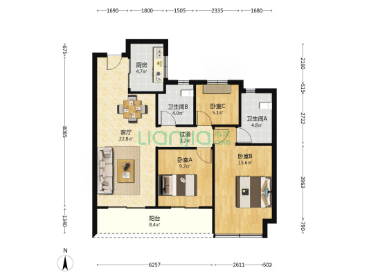 棠源美宸 3室1厅2卫 98平方