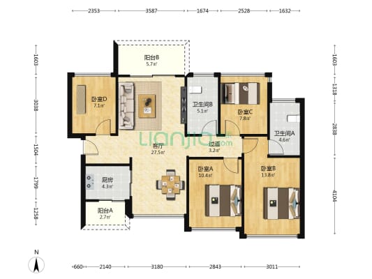 颐安都会中央四期 4室1厅2卫 109平方