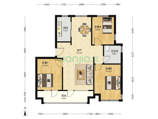 海信珠山小镇二期格林 3室1厅1卫 113平方