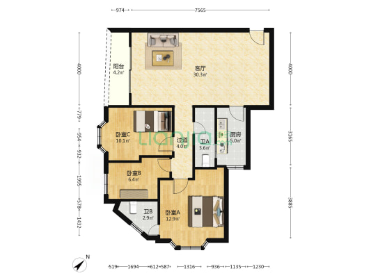 宝信阁 3室1厅2卫 91平方