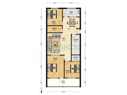 华龙路665号 3室1厅2卫 125平方