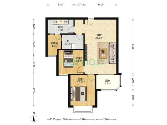 恒大山水城 2室1厅1卫 95平方
