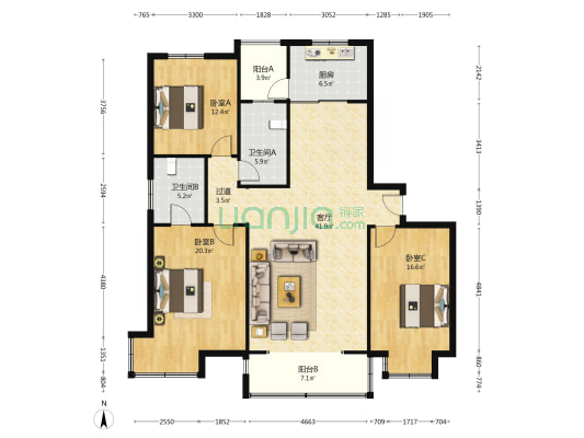 御花园 3室1厅2卫 167平方