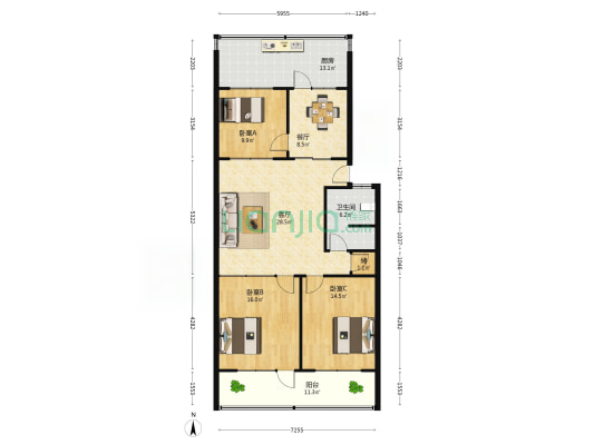 小柳行头76号 3室2厅1卫 128平方