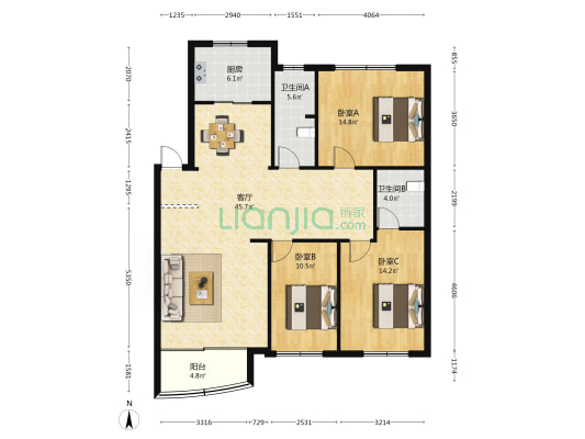 府景公寓 3室1厅2卫 127平方