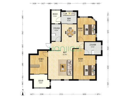 临东家园 3室1厅2卫 127平方