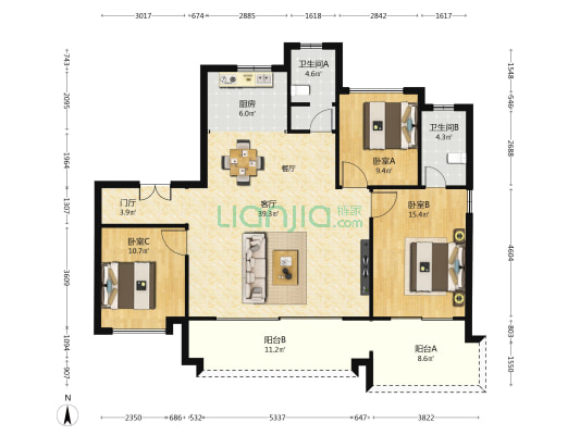 全运村丹桂苑 3室1厅2卫 143平方
