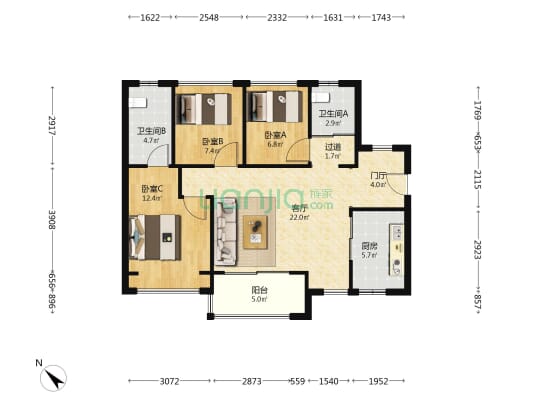 保利招商雍山郡 3室1厅2卫 95平方