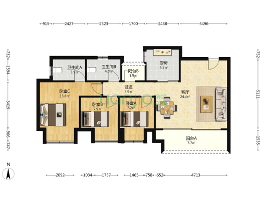 高新泷悦长安二期 3室1厅2卫 90平方