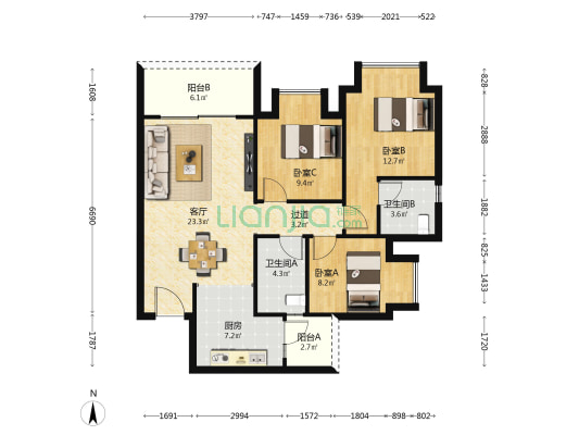 海成百安学府 3室1厅2卫 98平方